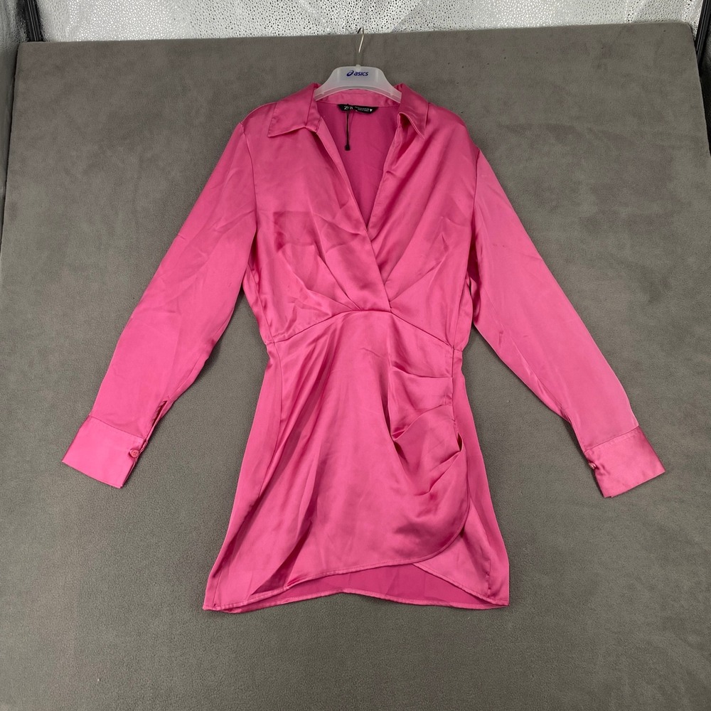 Zara Pink Satin Wrap Mini Dress Long Sleeve Collared Draped Party Dress XS